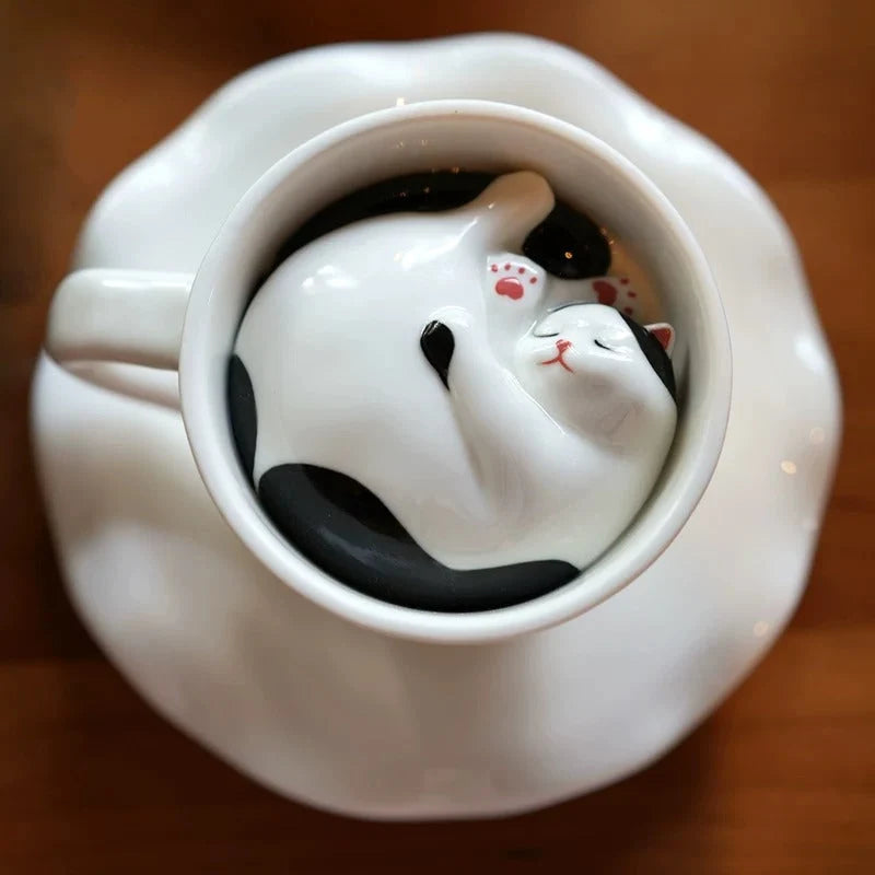 Ceramic Coffee Mug Hidden Sleeping Cat With Wavy Saucer 7.1 Oz