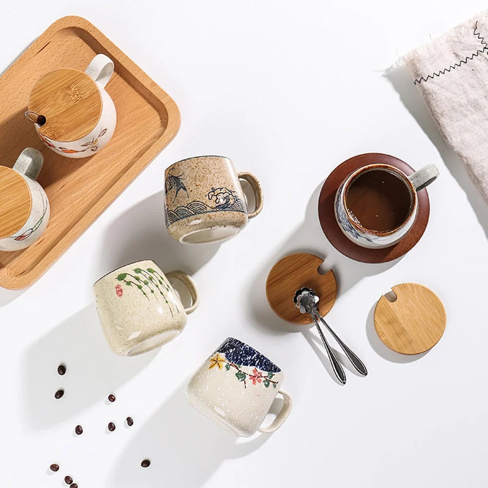 Ceramic Cup Porcelain With Lid And Spoon 12.9 Oz