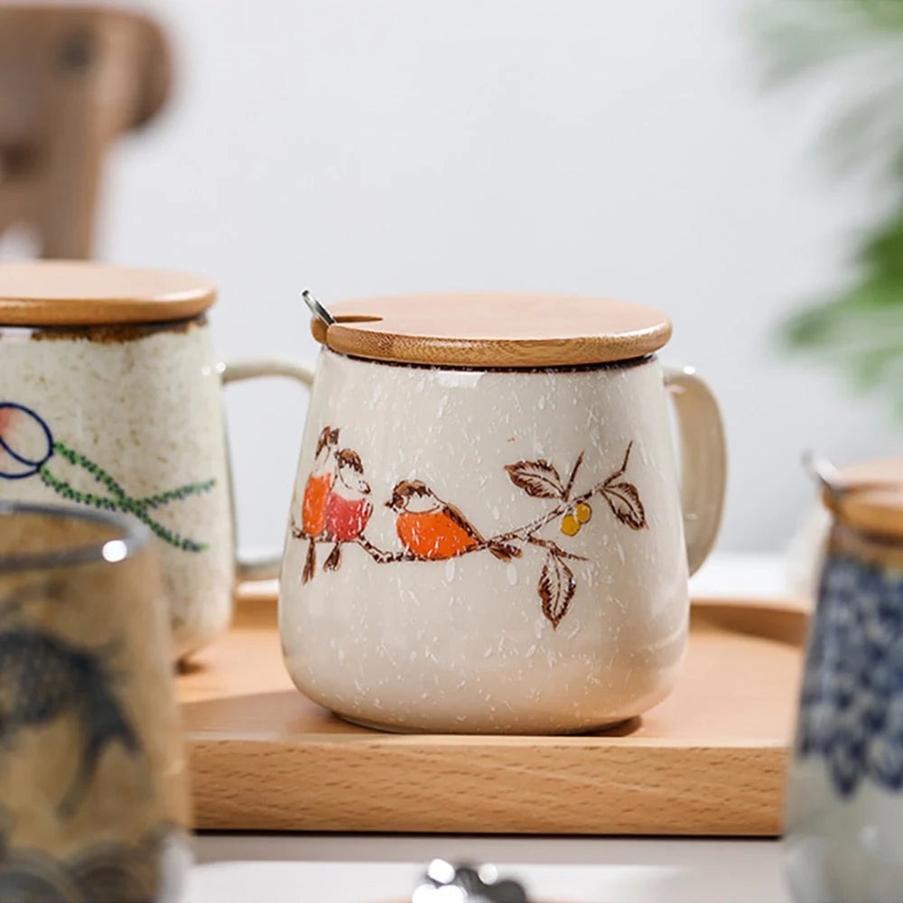 Ceramic Cup Porcelain With Lid And Spoon 12.9 Oz