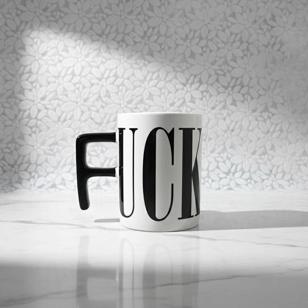 Ceramic Mug Bold Graphic F-Shaped Handle 15.2 Fl Oz