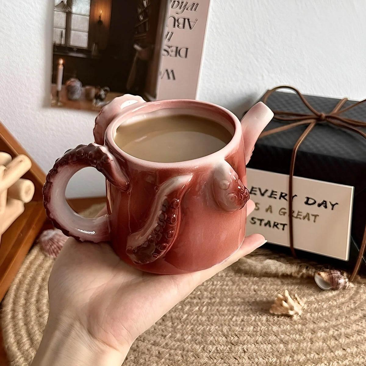Ceramic Mug Sculpted Octopus Tentacle Handles 11.8 Fl Oz