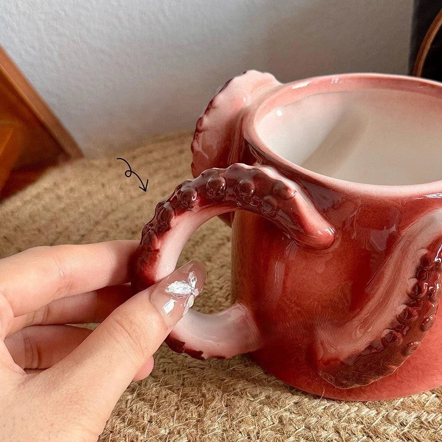 Ceramic Mug Sculpted Octopus Tentacle Handles 11.8 Fl Oz