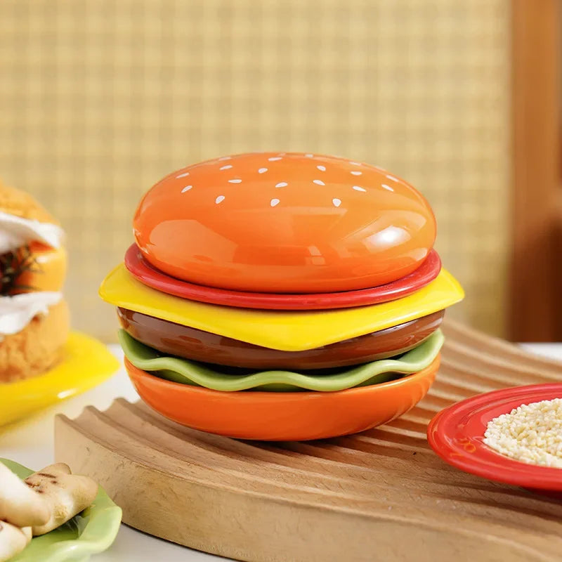 Ceramic Plate Set Hamburger Stack Design Set of 6