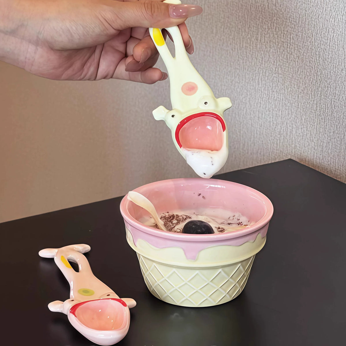 Ceramic Serving Spoon Frog Design Long Handle Glazed Finish