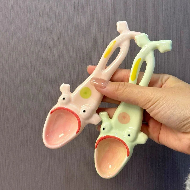 Ceramic Serving Spoon Frog Design Long Handle Glazed Finish