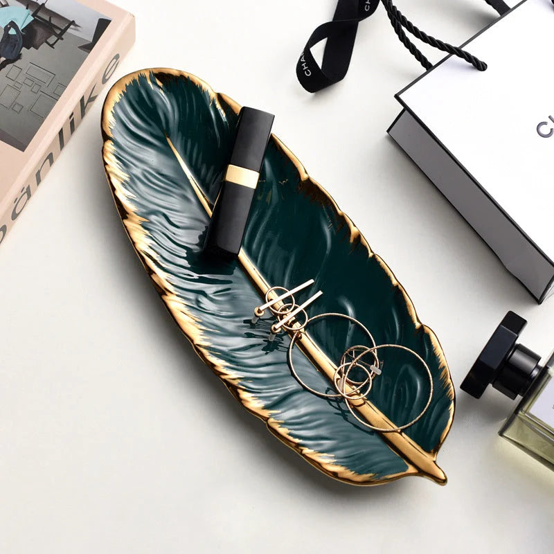 Ceramic Tray Feather-Shaped Non-Slip Base