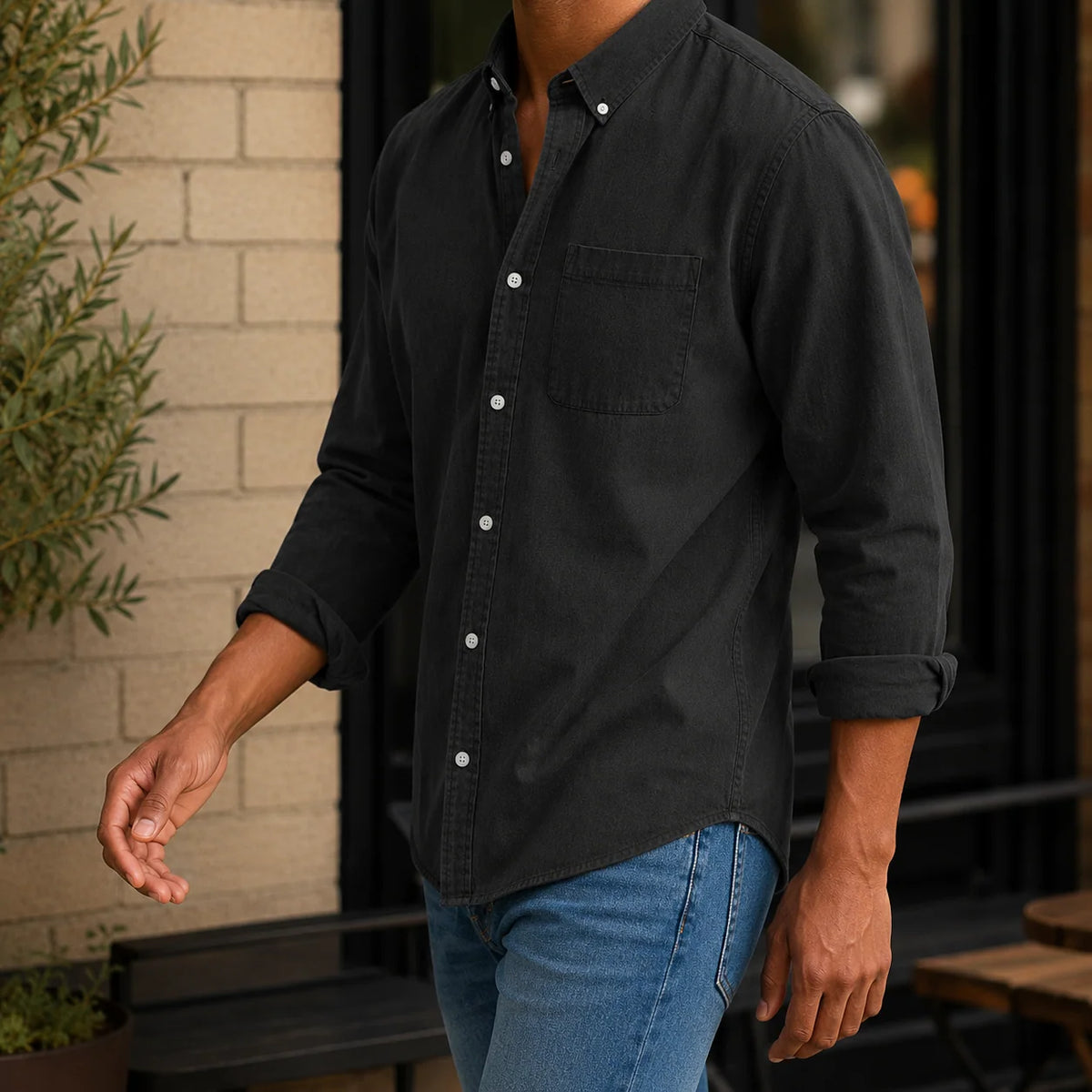 Chambray Shirt Cotton Blend Relaxed Fit Soft Worn-In Feel