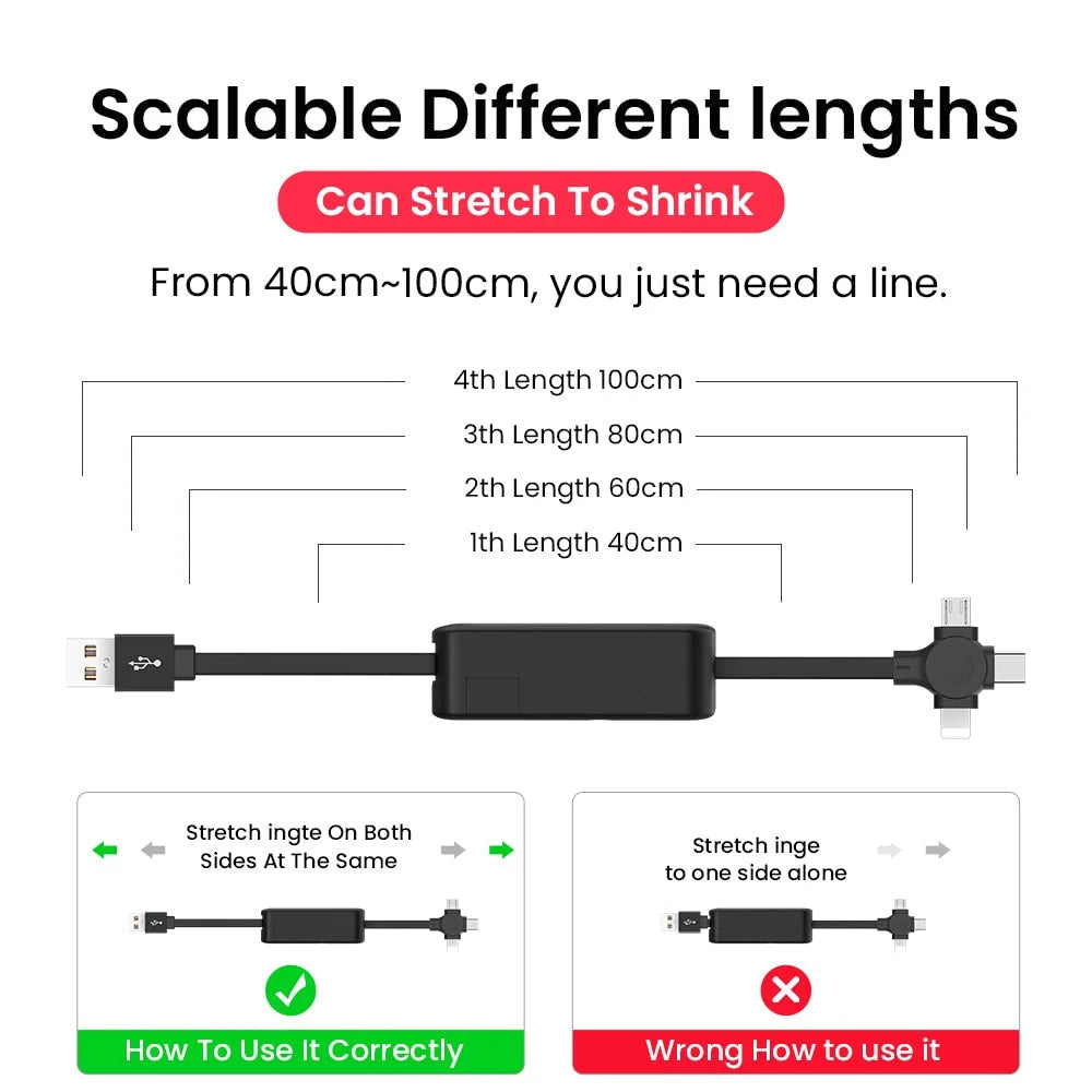 Charging Cable Retractable 3-in-1 Lightning USB-C Micro-USB
