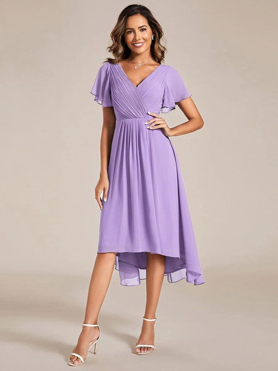 Chiffon Dress V-Neck Short Sleeve Hi-Lo Hem