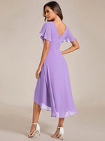 Chiffon Dress V-Neck Short Sleeve Hi-Lo Hem