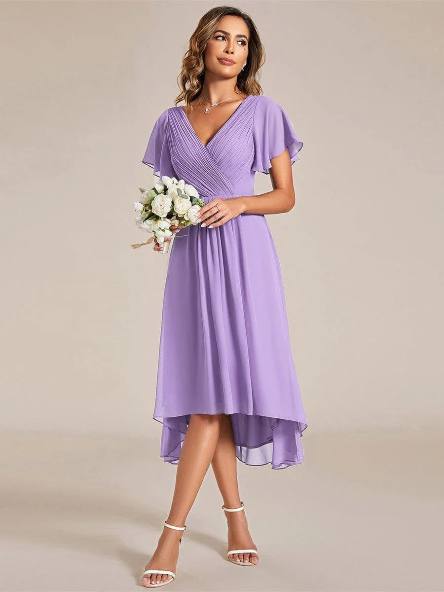 Chiffon Dress V-Neck Short Sleeve Hi-Lo Hem