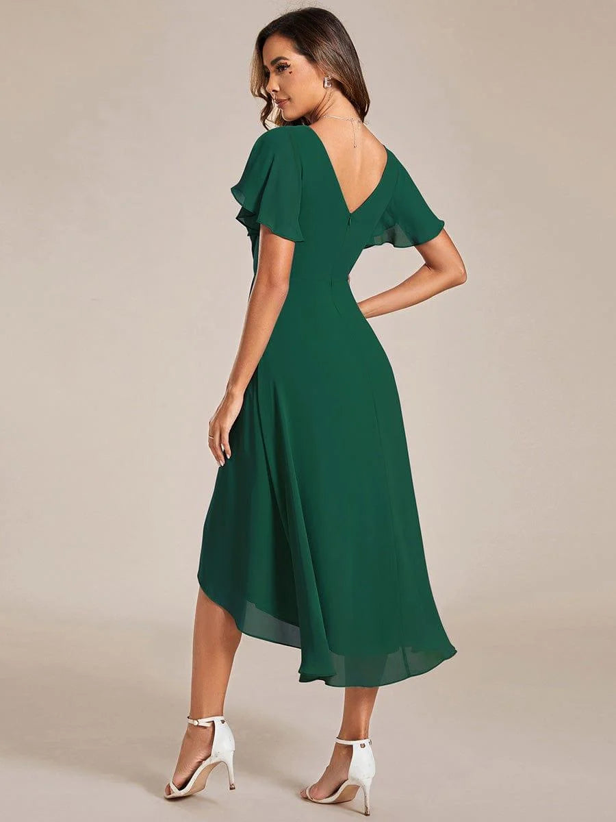 Chiffon Dress V-Neck Short Sleeve Hi-Lo Hem