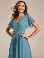 Chiffon Dress V-Neck Short Sleeve Hi-Lo Hem