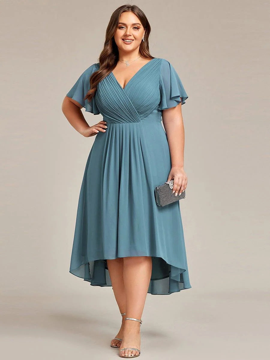 Chiffon Dress V-Neck Short Sleeve Hi-Lo Hem