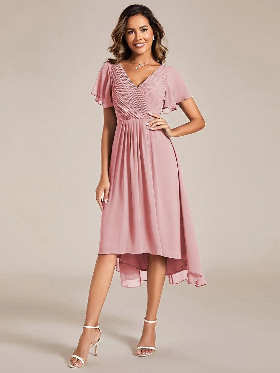 Chiffon Dress V-Neck Short Sleeve Hi-Lo Hem