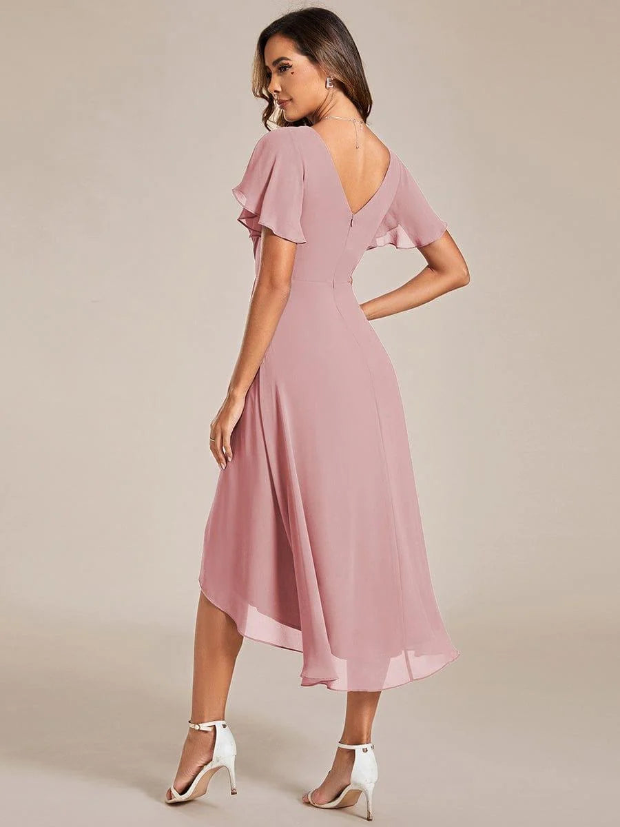 Chiffon Dress V-Neck Short Sleeve Hi-Lo Hem