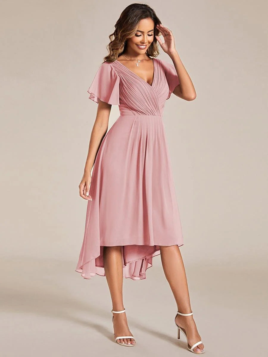 Chiffon Dress V-Neck Short Sleeve Hi-Lo Hem