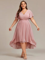 Chiffon Dress V-Neck Short Sleeve Hi-Lo Hem