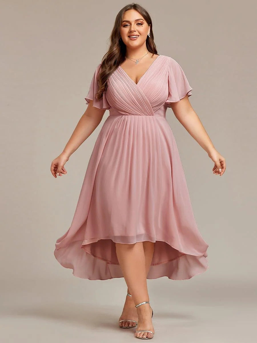 Chiffon Dress V-Neck Short Sleeve Hi-Lo Hem
