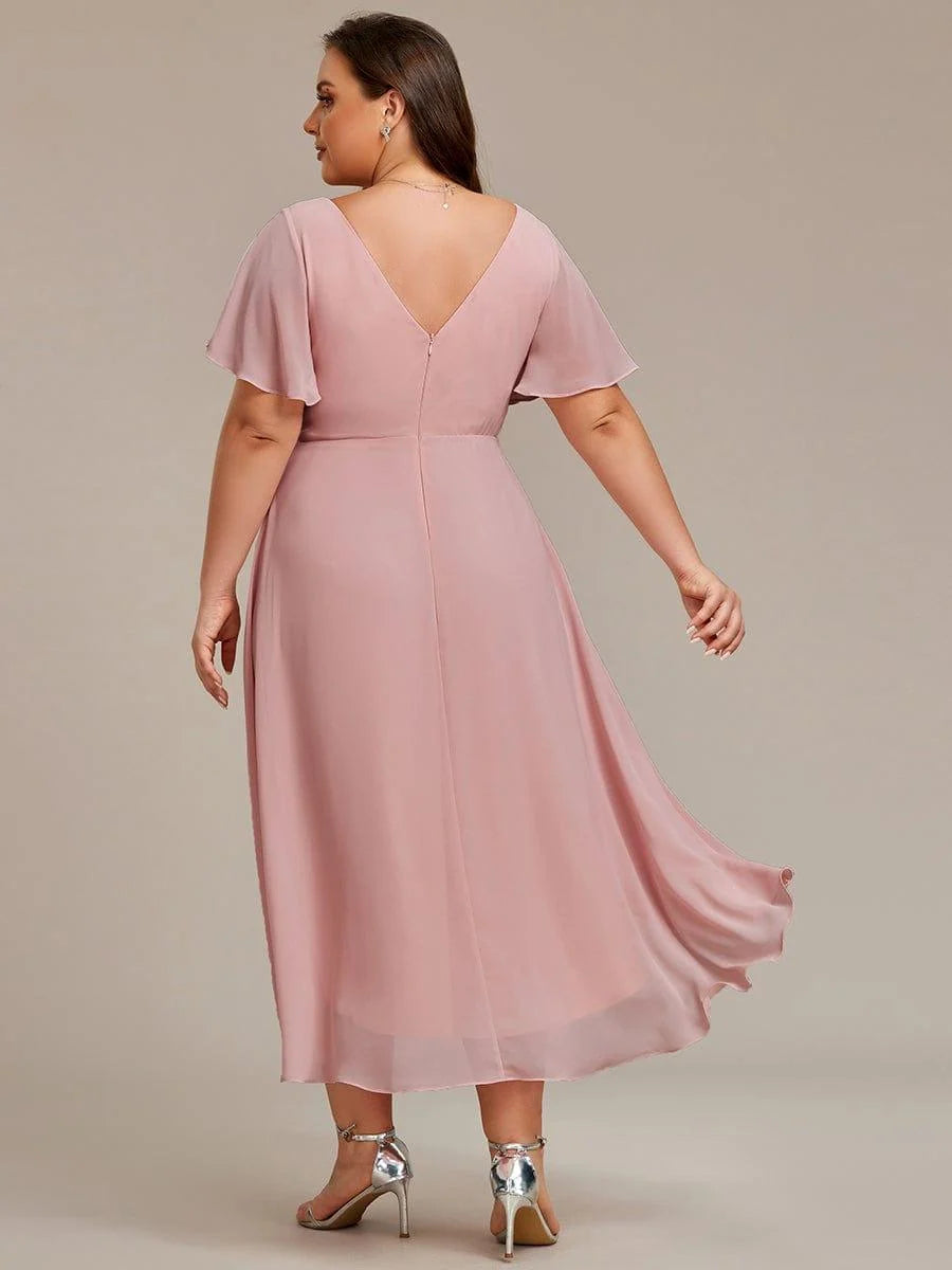 Chiffon Dress V-Neck Short Sleeve Hi-Lo Hem