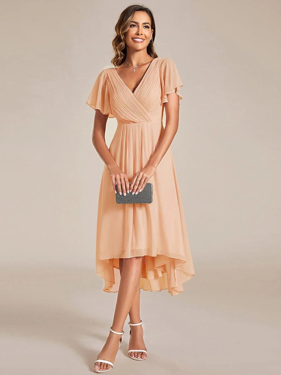 Chiffon Dress V-Neck Short Sleeve Hi-Lo Hem