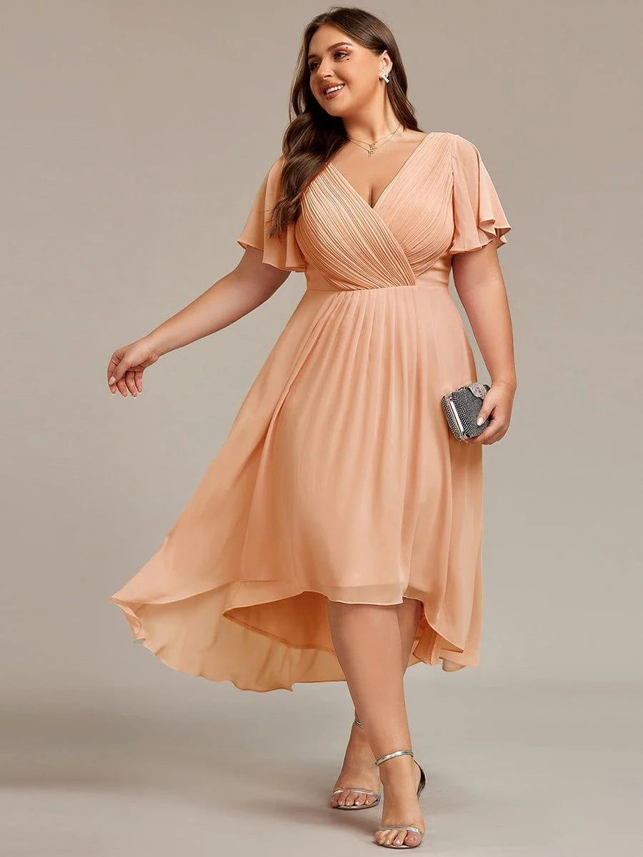 Chiffon Dress V-Neck Short Sleeve Hi-Lo Hem