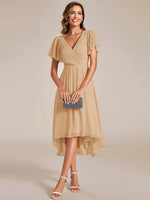 Chiffon Dress V-Neck Short Sleeve Hi-Lo Hem