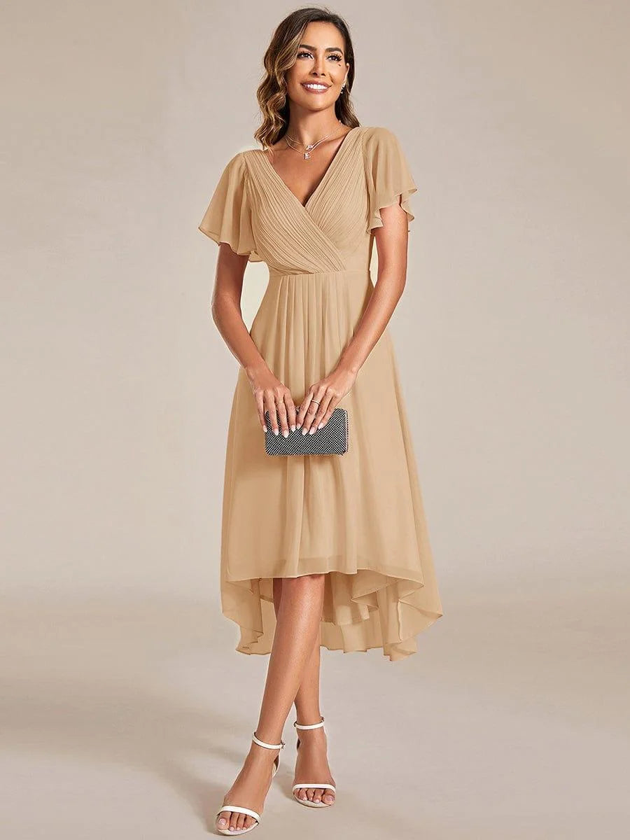 Chiffon Dress V-Neck Short Sleeve Hi-Lo Hem