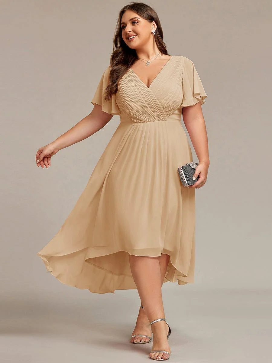 Chiffon Dress V-Neck Short Sleeve Hi-Lo Hem