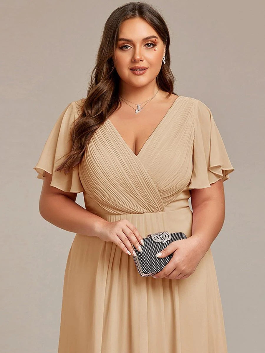 Chiffon Dress V-Neck Short Sleeve Hi-Lo Hem