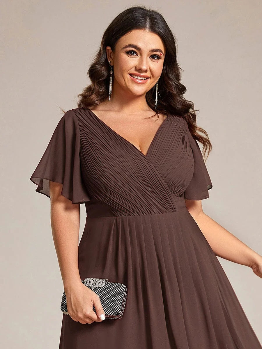 Chiffon Dress V-Neck Short Sleeve Hi-Lo Hem