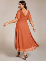 Chiffon Dress V-Neck Short Sleeve Hi-Lo Hem