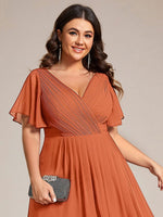 Chiffon Dress V-Neck Short Sleeve Hi-Lo Hem