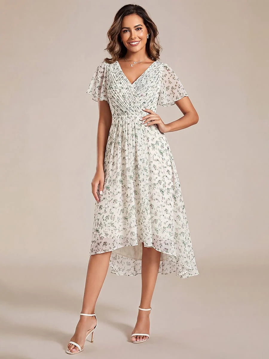 Chiffon Dress V-Neck Short Sleeve Hi-Lo Hem