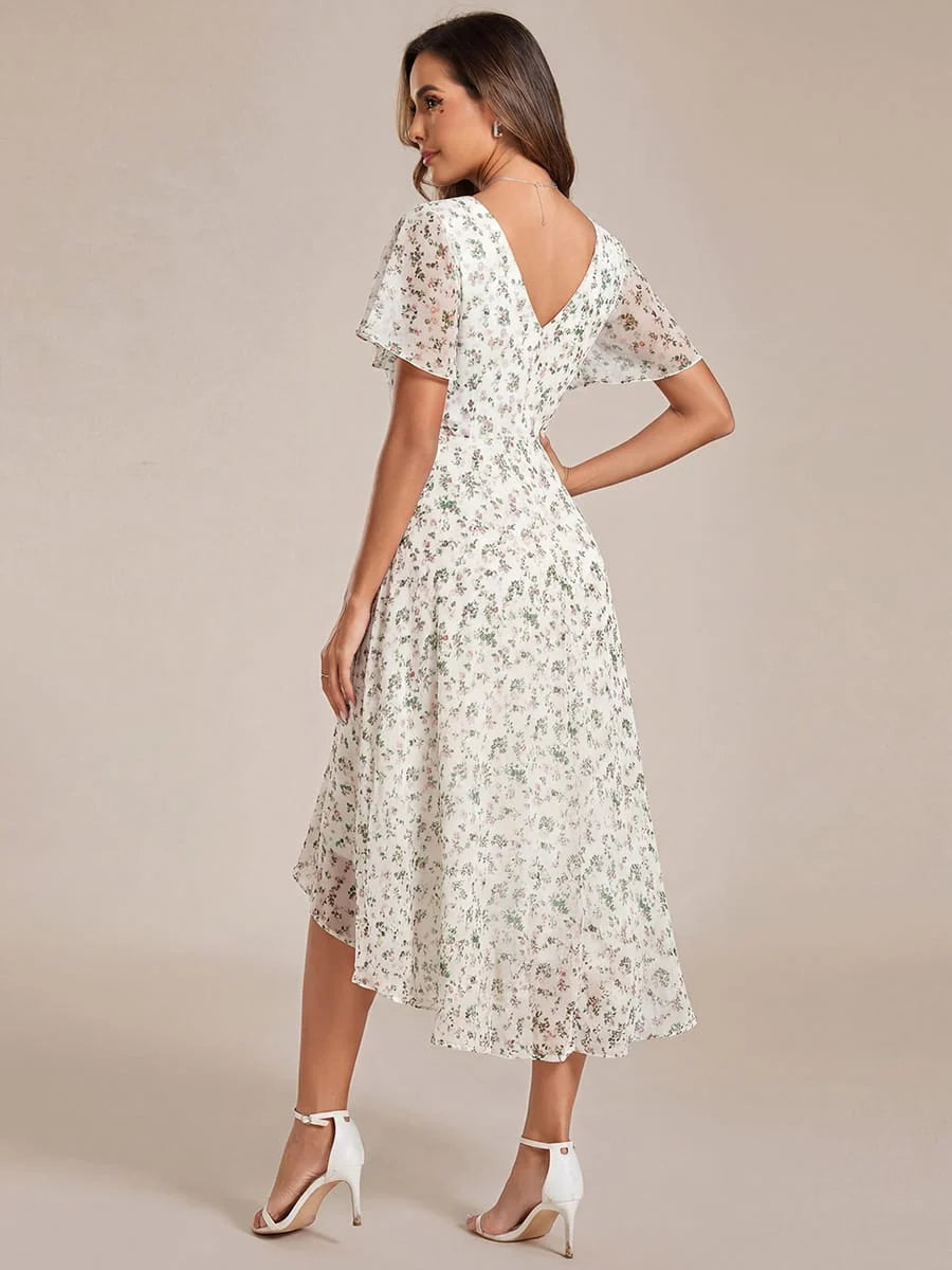 Chiffon Dress V-Neck Short Sleeve Hi-Lo Hem