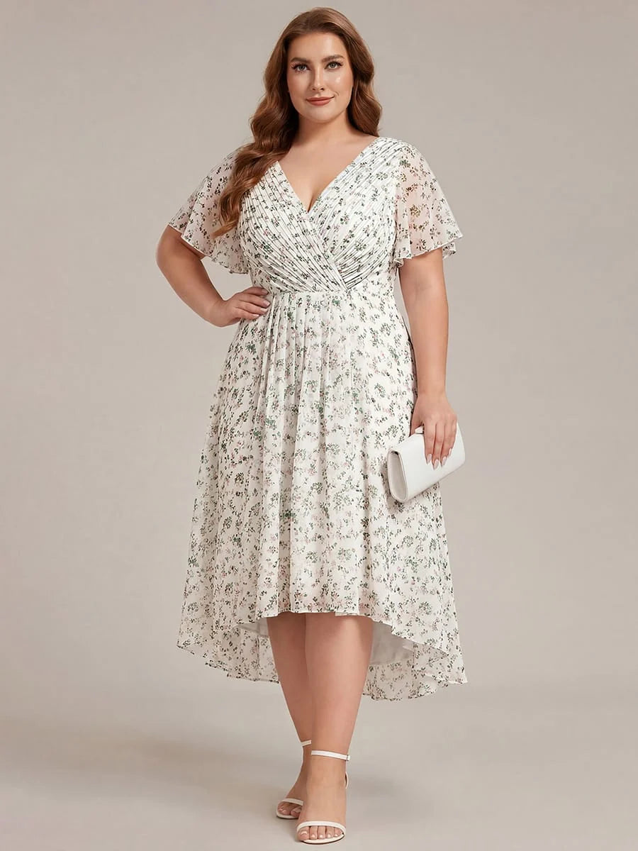 Chiffon Dress V-Neck Short Sleeve Hi-Lo Hem