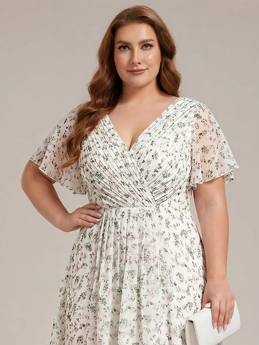 Chiffon Dress V-Neck Short Sleeve Hi-Lo Hem