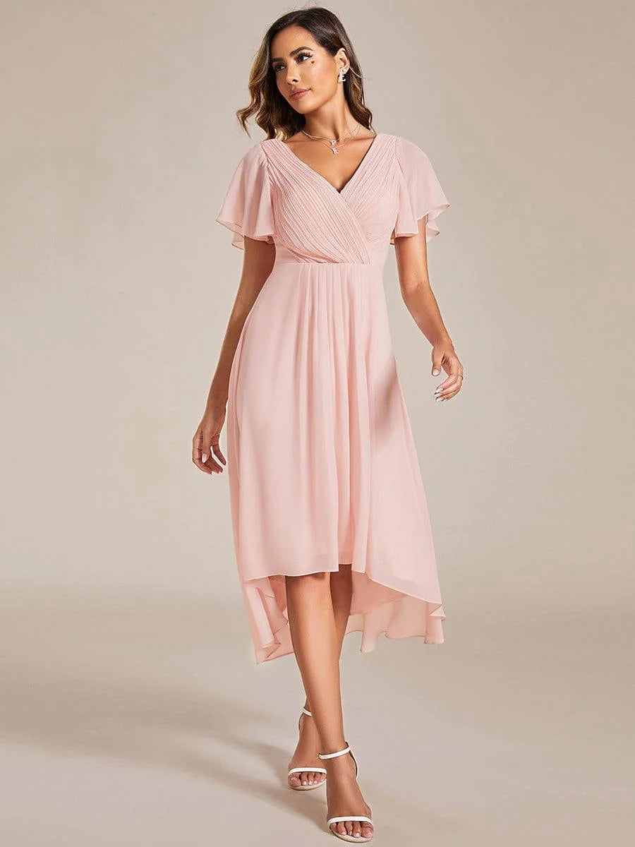 Chiffon Dress V-Neck Short Sleeve Hi-Lo Hem