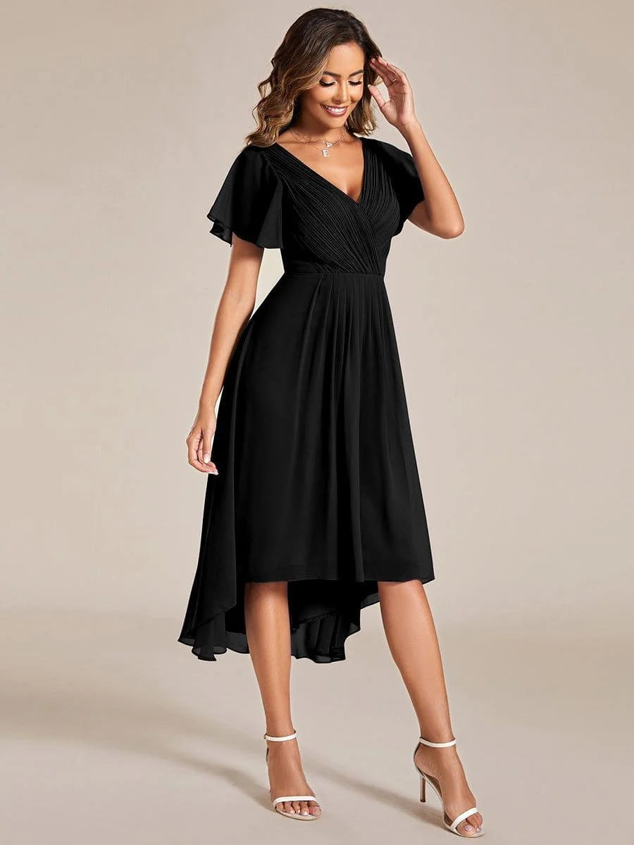 Chiffon Dress V-Neck Short Sleeve Hi-Lo Hem