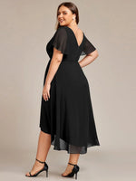 Chiffon Dress V-Neck Short Sleeve Hi-Lo Hem
