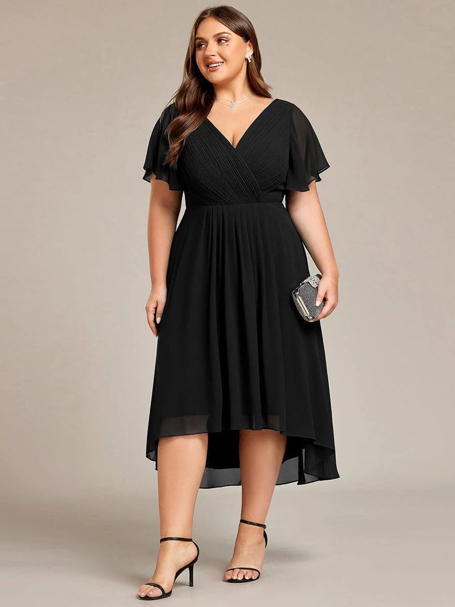 Chiffon Dress V-Neck Short Sleeve Hi-Lo Hem