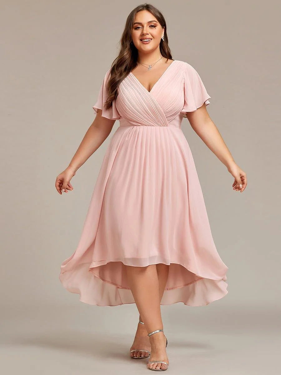 Chiffon Dress V-Neck Short Sleeve Hi-Lo Hem