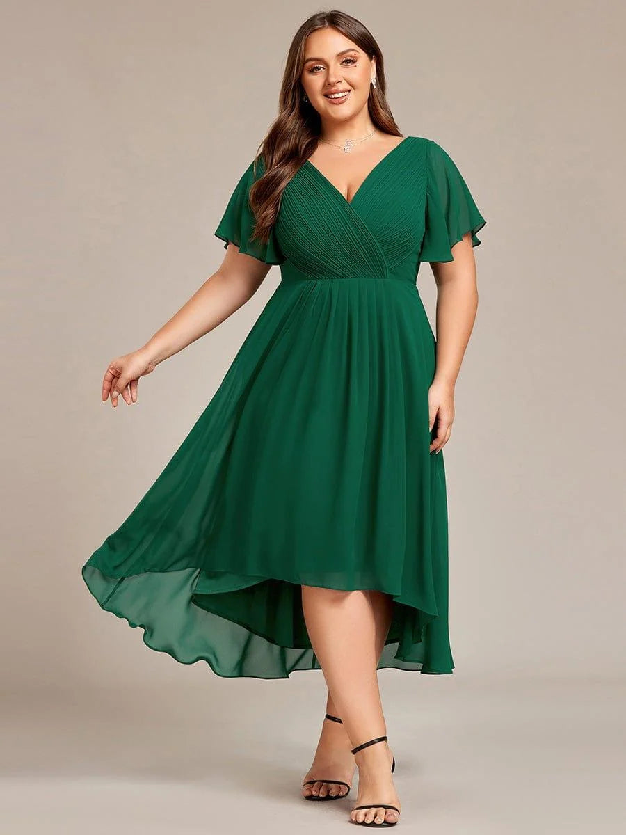 Chiffon Dress V-Neck Short Sleeve Hi-Lo Hem