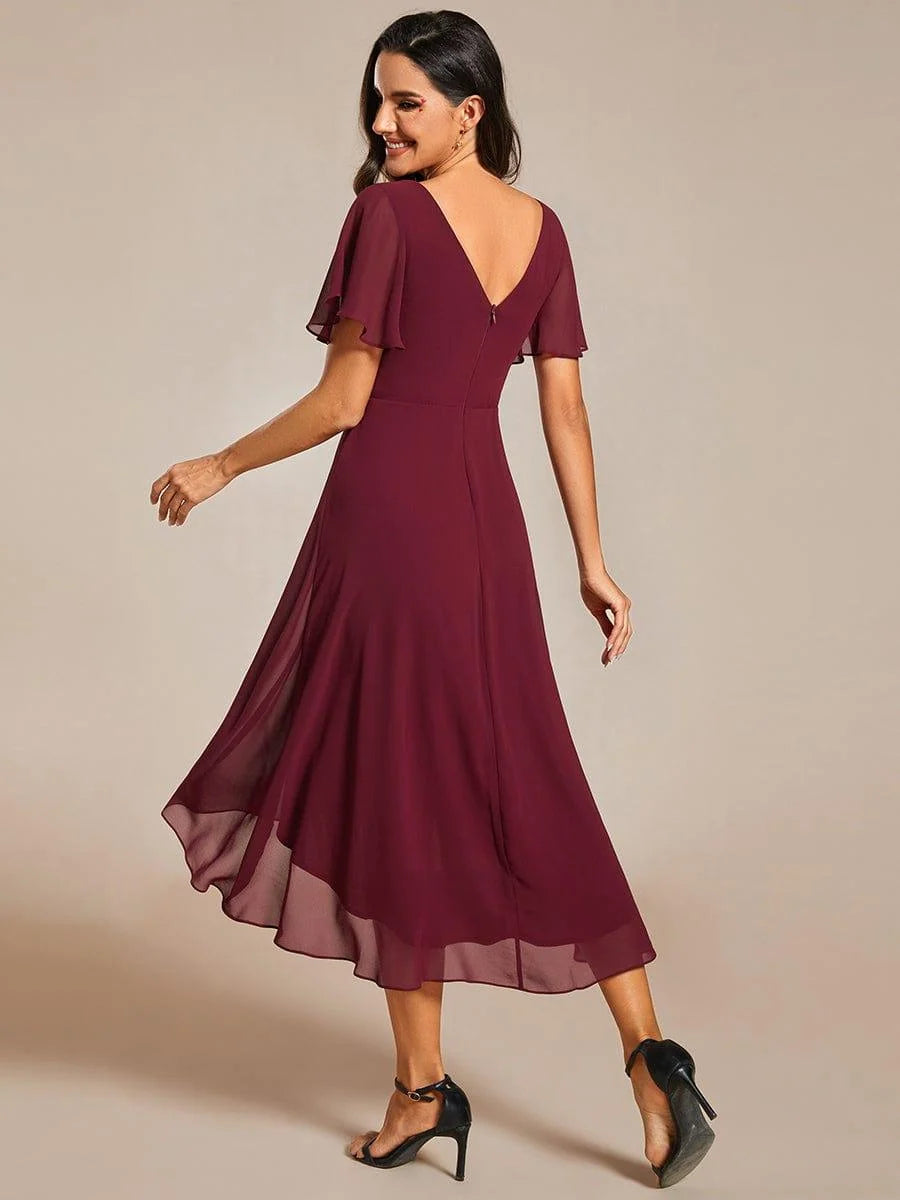 Chiffon Dress V-Neck Short Sleeve Hi-Lo Hem