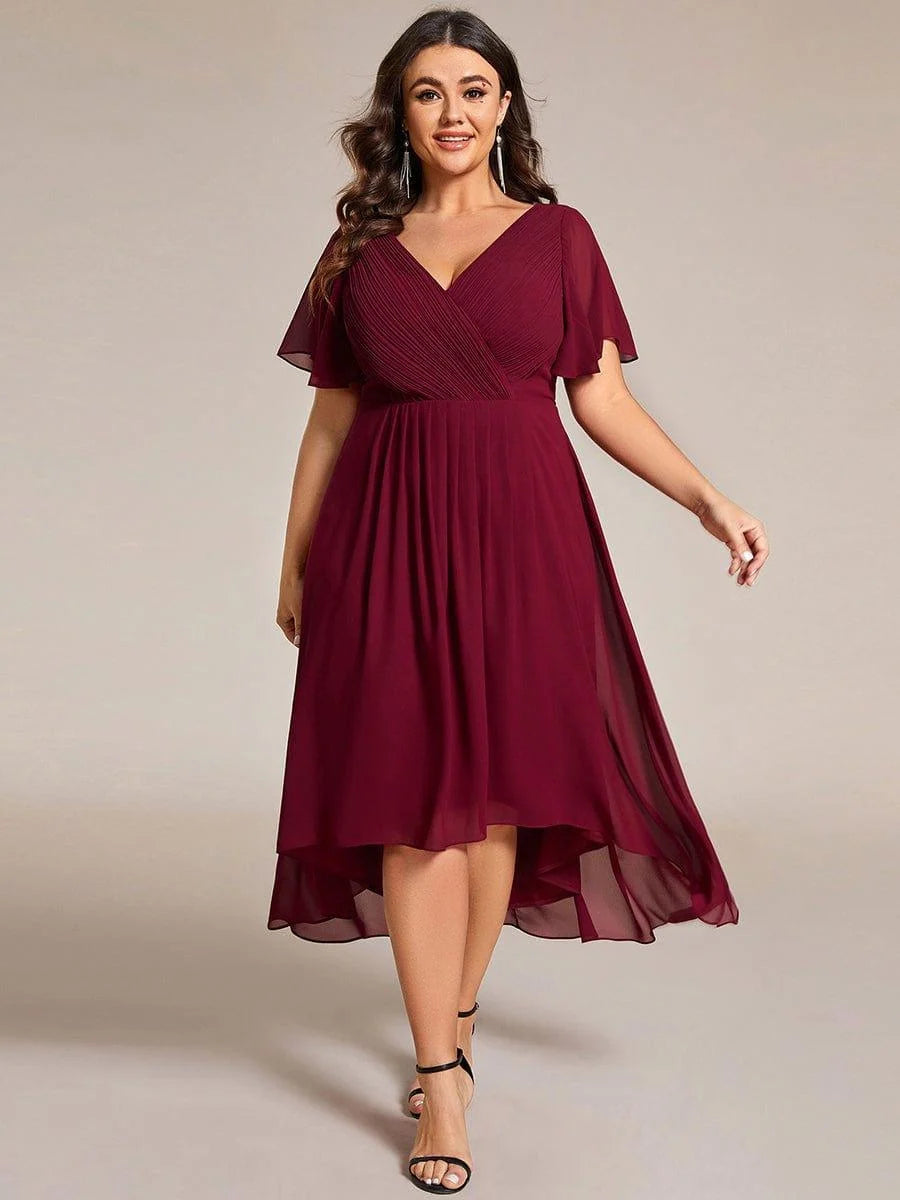 Chiffon Dress V-Neck Short Sleeve Hi-Lo Hem