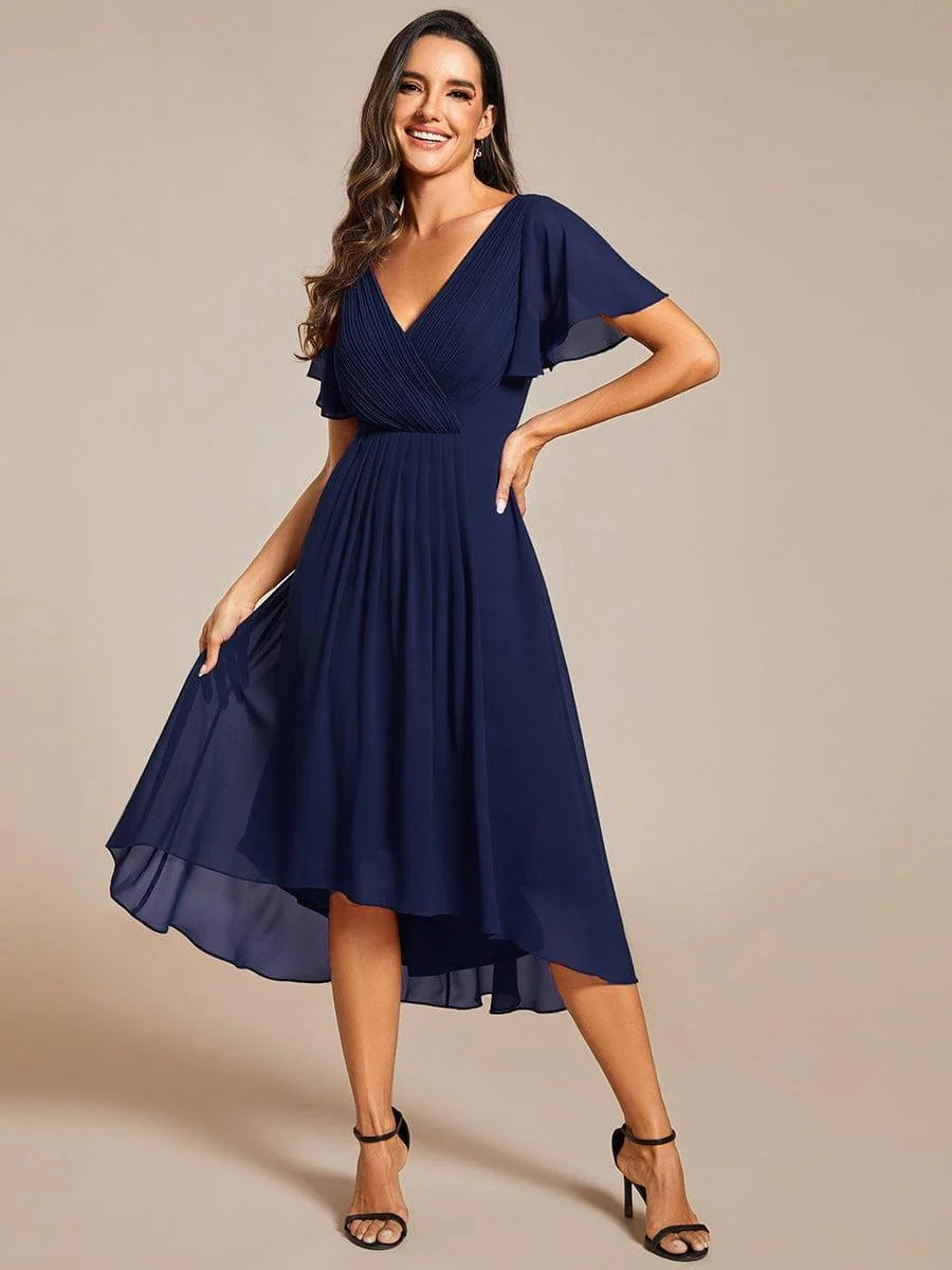 Chiffon Dress V-Neck Short Sleeve Hi-Lo Hem