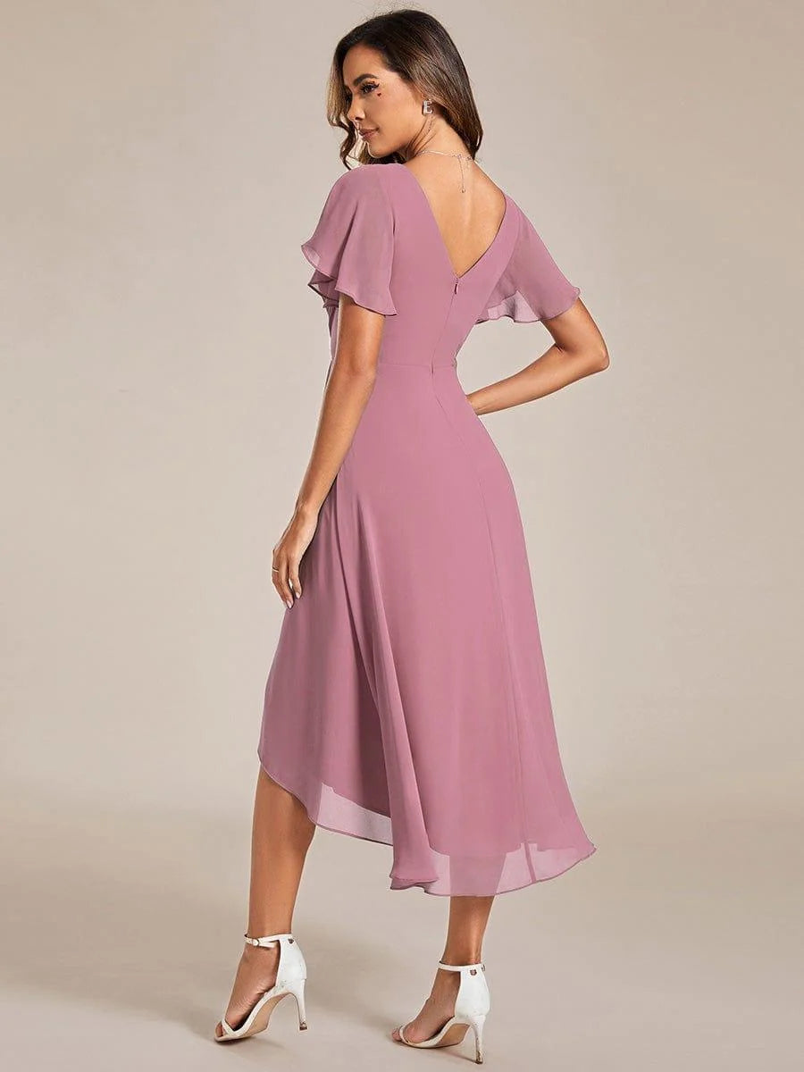 Chiffon Dress V-Neck Short Sleeve Hi-Lo Hem