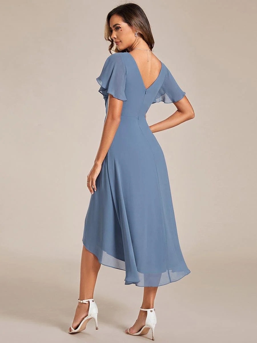 Chiffon Dress V-Neck Short Sleeve Hi-Lo Hem