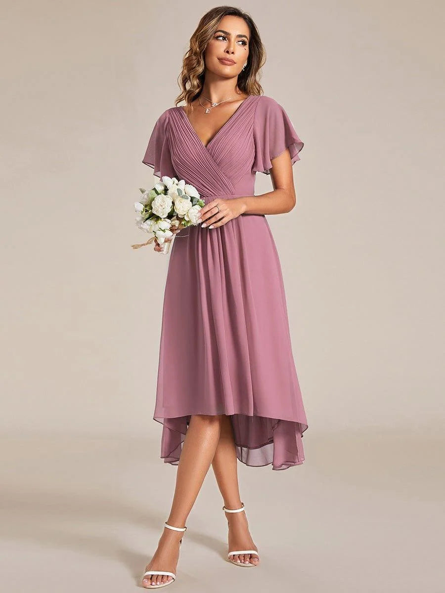 Chiffon Dress V-Neck Short Sleeve Hi-Lo Hem
