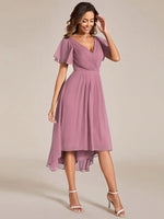 Chiffon Dress V-Neck Short Sleeve Hi-Lo Hem